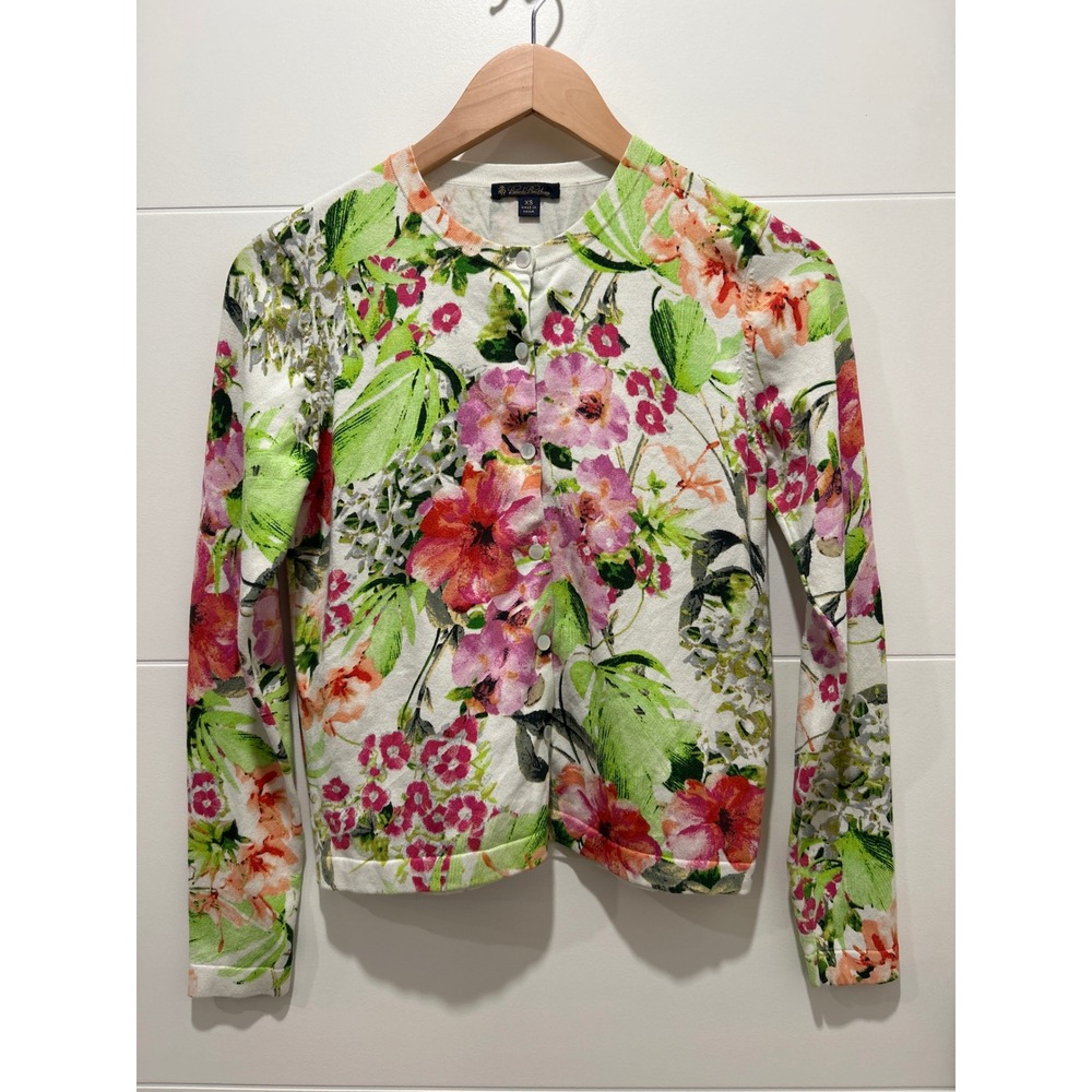 Brooks Brothers Silk Cotton Floral Cardigan Sweater Pink Green White XS